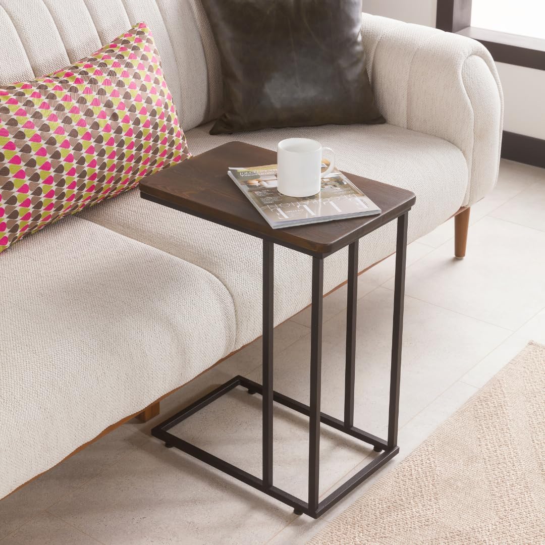 C-Shaped Handmade Solid Wood End Table, Side Table for Couches, Sofa Tables Slide Under Couch for Living Room, Over Couch TV Tray Table for Small Spaces with Metal Legs (Dark Walnut)