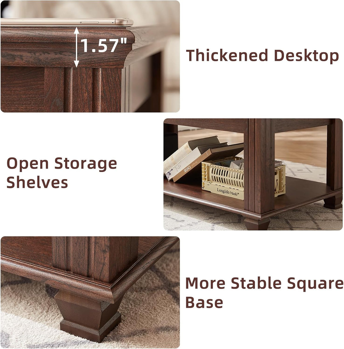 SAVOR LIFE Farmhouse TV Stand and Coffee Table Set 4 Piece, Walnut | Living Room Table Set with Drawer & Open Shelving & Thick Tabletop & Square Wooden Legs