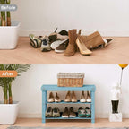 Apicizon Bamboo Shoe Rack for Entryway, 3-Tier Shoe Rack Bench for Front Indoor Entrance, Small Shoe Organizer with Storage, Blue