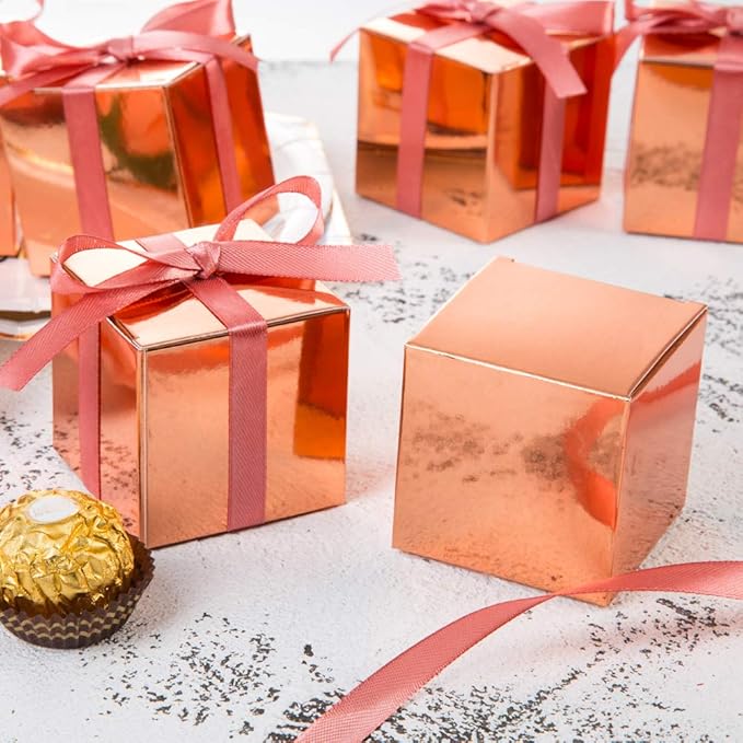 AWELL Rose Gold Gift Candy Box Bulk 2x2x2 inches with Vintage Pink Ribbon Party Favor Box,Pack of 50