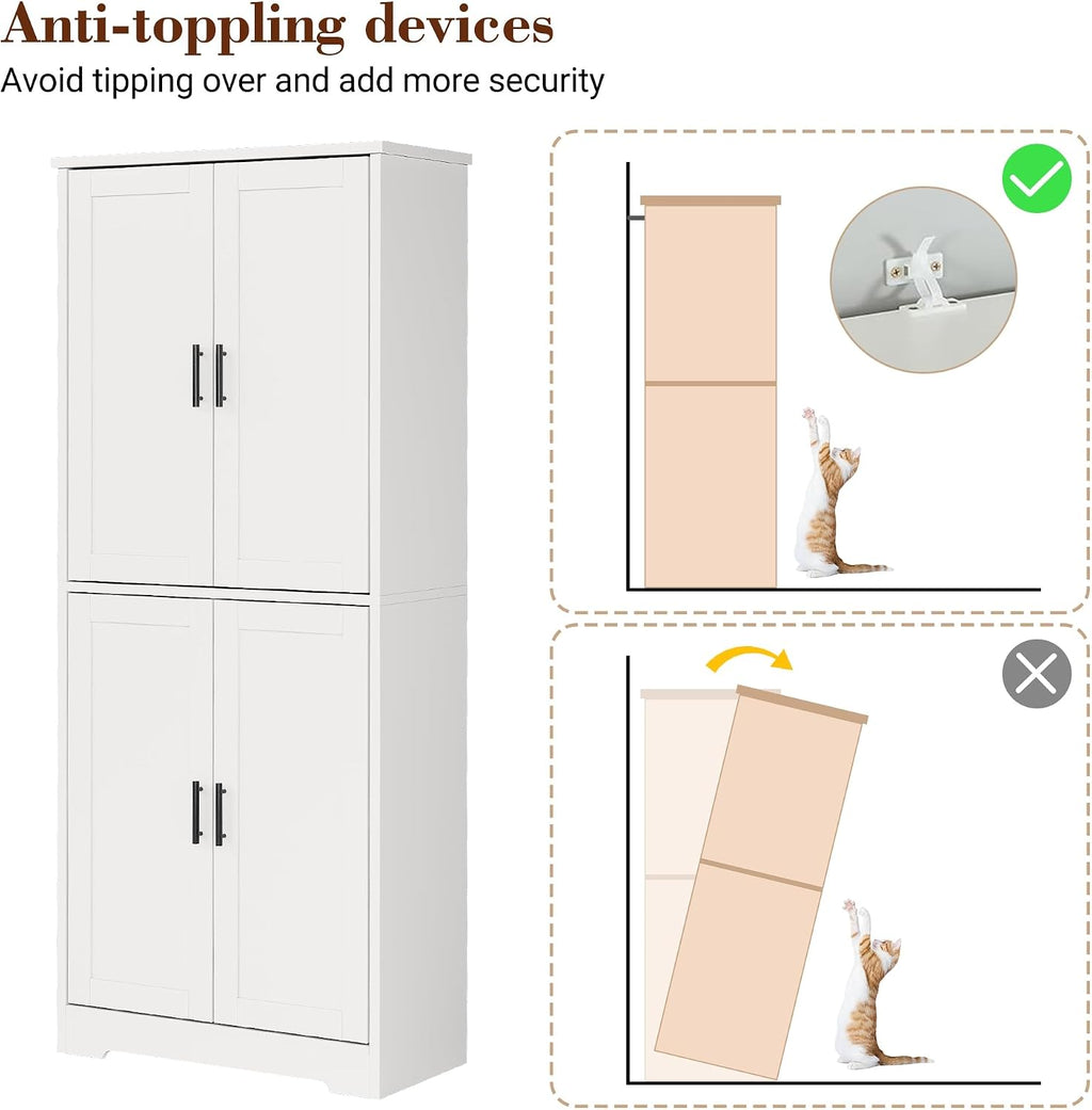 IDEALHOUSE Pantry Cabinet,70" Tall Kitchen Pantry Cabinet with 4 Doors and 3 Adjustable Shelves, Freestanding Cupboard, Modern Storage Cabinet for Bathroom, Dining Room, Living Room (White)