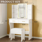 Makeup White Vanity Desk with Lights and Mirror, Small Vanity for Bedroom | Vanity set with Stool, 3 Lighting Modes, Adjustable Brightness, Storage Shelves, Hair Dryer Holder and Spacious Tabletop