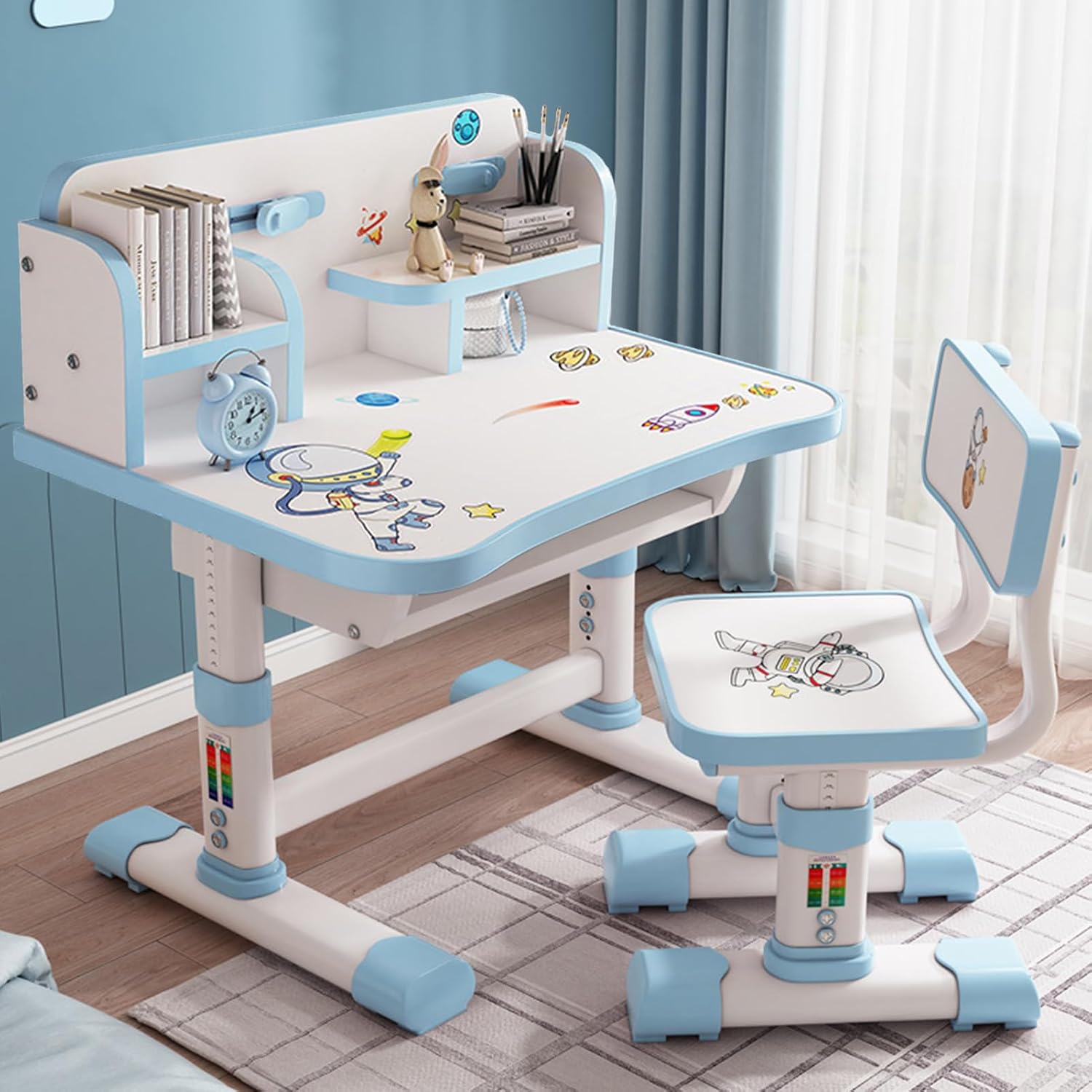 Kids Desk and Chair Set,Height Adjustable Children Study Desk Chair Set,School Student Writing Desk Table with Drawer Bookstand,Ergonomic Student Learning Table Desk Chair for Girl Boy, Blue C