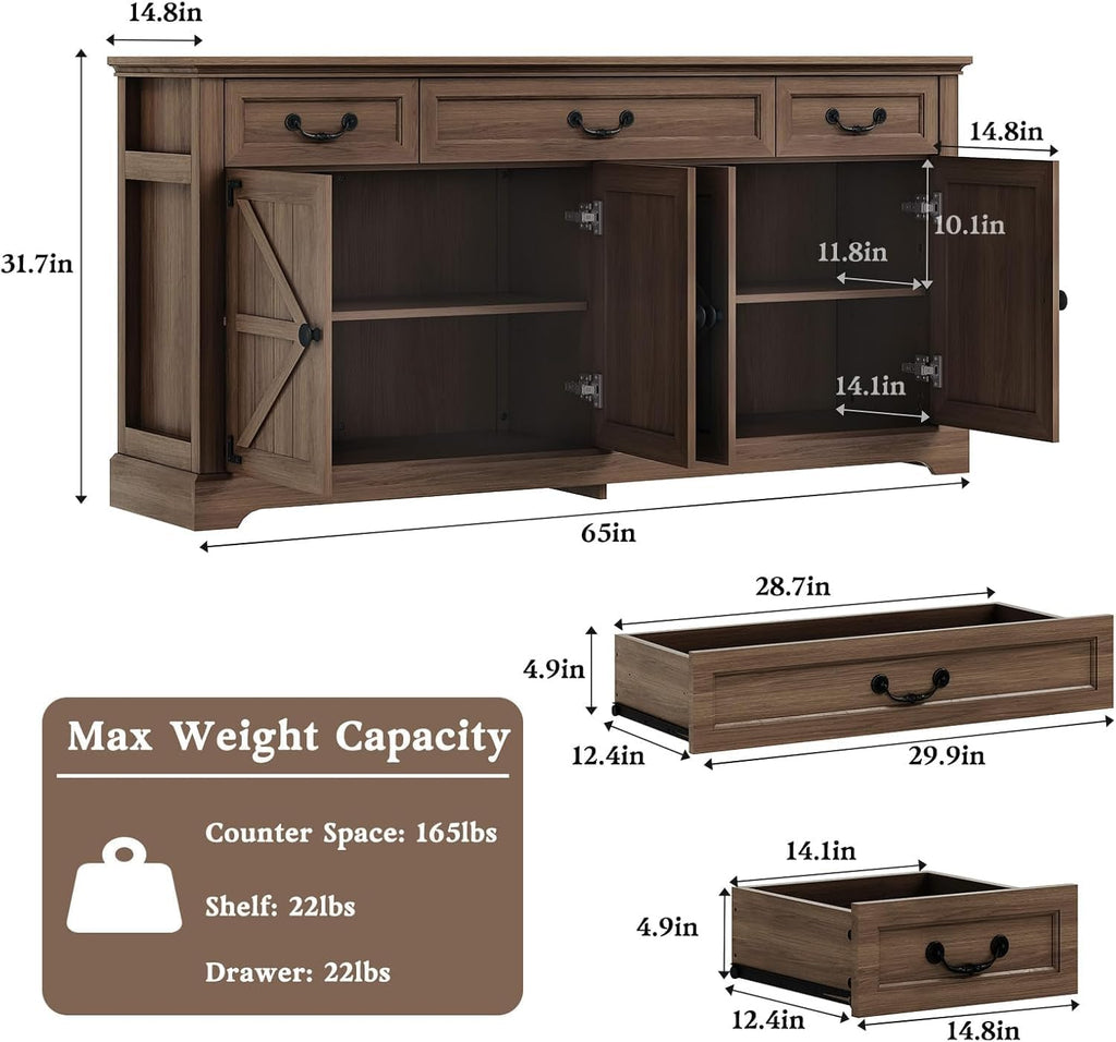 Vipbear 65" Large Sideboard Buffet Cabinet with Storage, Farmhouse Buffet Table Wine Coffee Bar Kitchen Storage Cabinet with 3 Drawers 4 Doors for Living Room, Kitchen, Dining Room, Dark Walnut