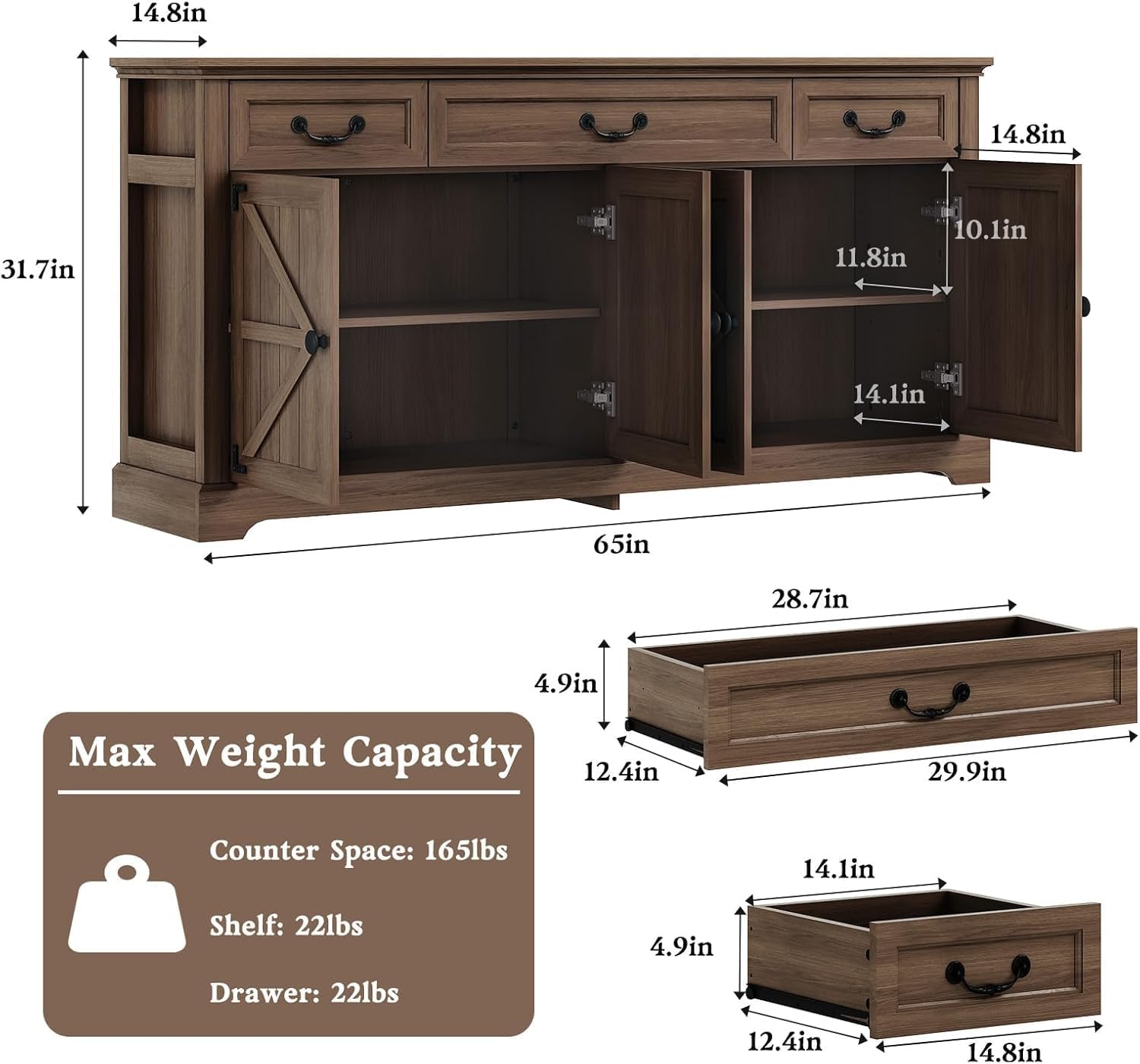 Vipbear 65" Large Sideboard Buffet Cabinet with Storage, Farmhouse Buffet Table Wine Coffee Bar Kitchen Storage Cabinet with 3 Drawers 4 Doors for Living Room, Kitchen, Dining Room, Dark Walnut