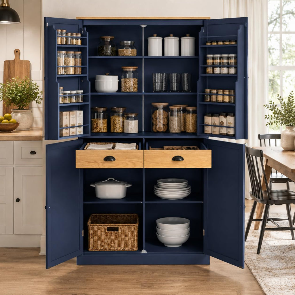 71" Tall Kitchen Pantry Storage Cabinet with 8 Door Shelves and 2 Storage Compartments, Two-Tone Freestanding Food Pantry Cabinet with Adjustable Shelves for Kitchen, Dining Room
