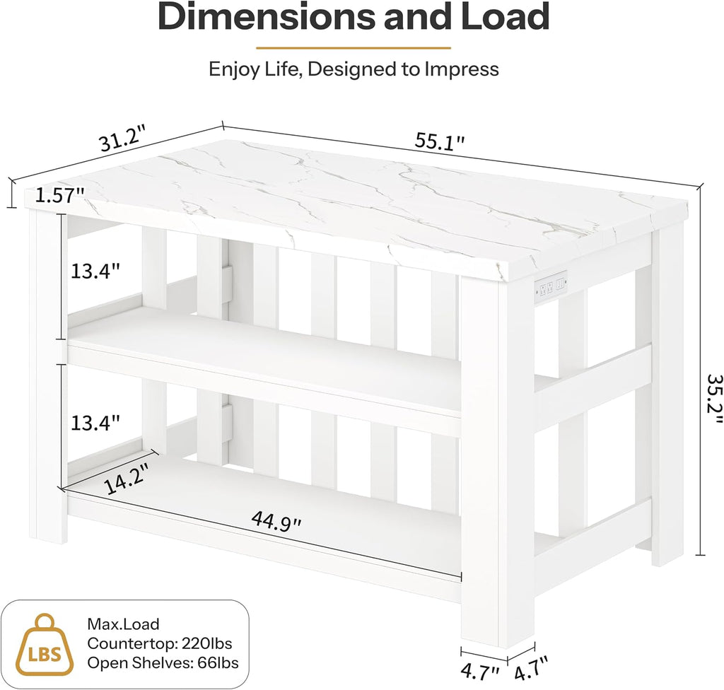 DynJest Kitchen Island with Storage, 55 Inch Large Faux Marble Prep Worktop | Kitchen Island with Power Outlet &3-Tier Shelves, Rest Area, Coffee Bar Cabinet With Wide Legs for Kitchen Dining Room, White