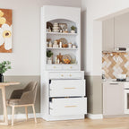 JIJIWANG Modern 83.7inch High Kitchen Pantry, Freestanding Tall Kitchen Hutch with Faux Marble Top, Display Cupboard Cabinet with 5 Storage Drawers and Adjustable Shelf, White