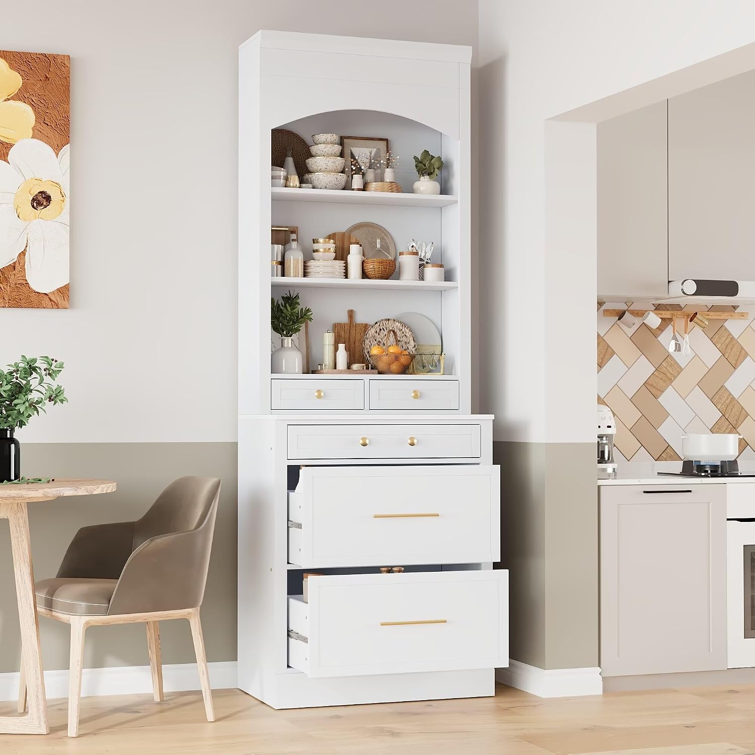 JIJIWANG Modern 83.7inch High Kitchen Pantry, Freestanding Tall Kitchen Hutch with Faux Marble Top, Display Cupboard Cabinet with 5 Storage Drawers and Adjustable Shelf, White