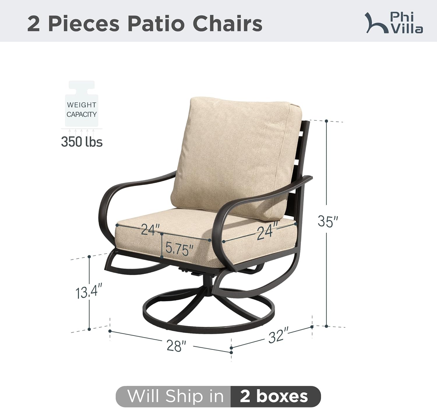 PHI VILLA Metal Swivel Patio Chairs Set of 2, High Back Steel Outdoor Chairs with 5.75" Extra Thick Cushion, 2 Piece All Weather Deep Seat Outdoor Front Porch Seating Furniture for Deck Balcony, Beige