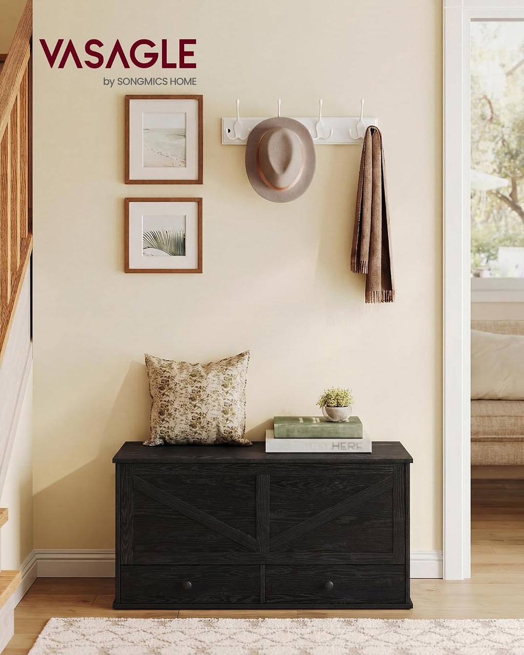 VASAGLE Storage Chest with 2 Fabric Drawers, 15.7 x 39.4 x 19.9 Inches | Storage Bench, Farmhouse Style, Ebony Black, HAINS Collection ULSB043B02