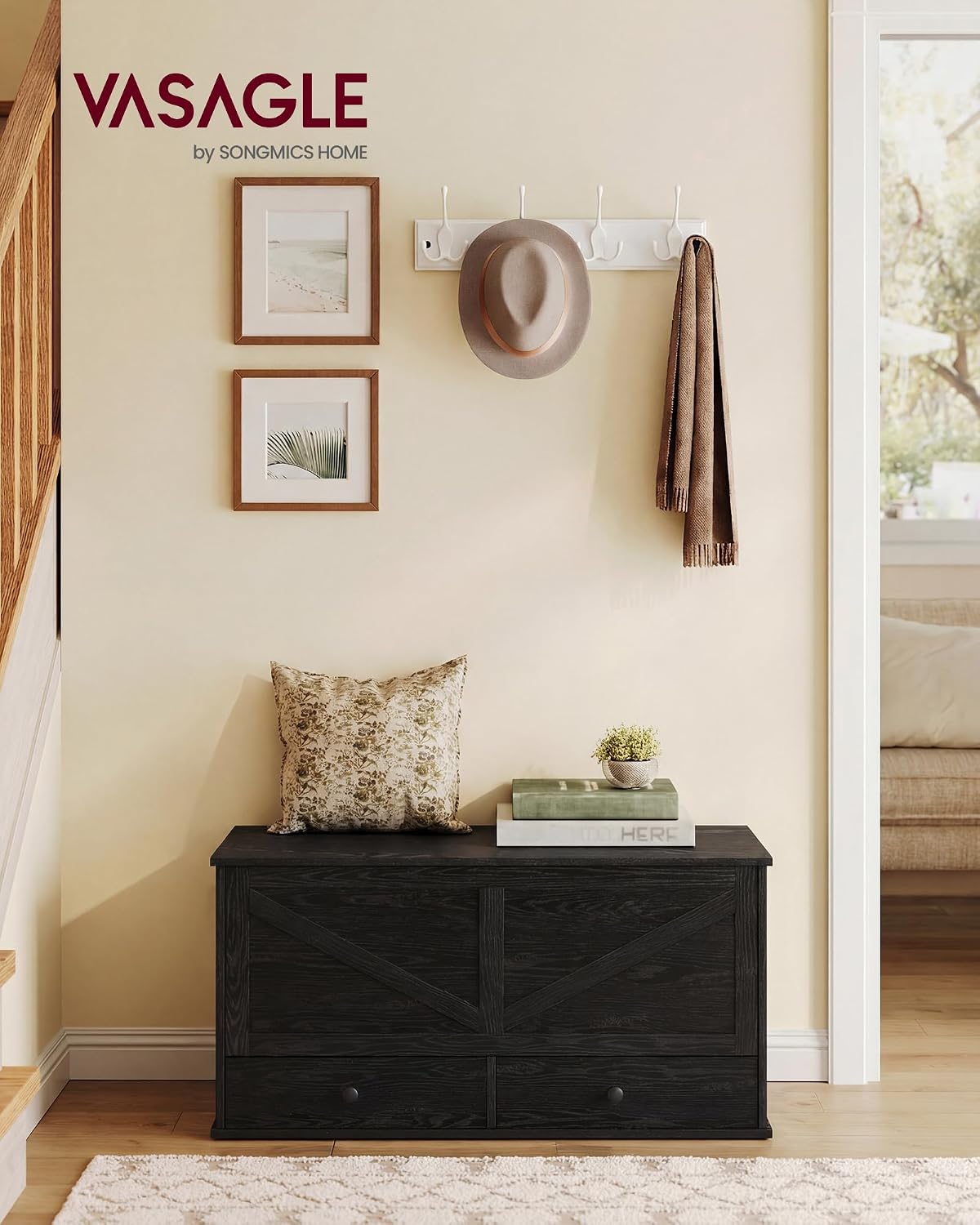 VASAGLE Storage Chest with 2 Fabric Drawers, 15.7 x 39.4 x 19.9 Inches | Storage Bench, Farmhouse Style, Ebony Black, HAINS Collection ULSB043B02