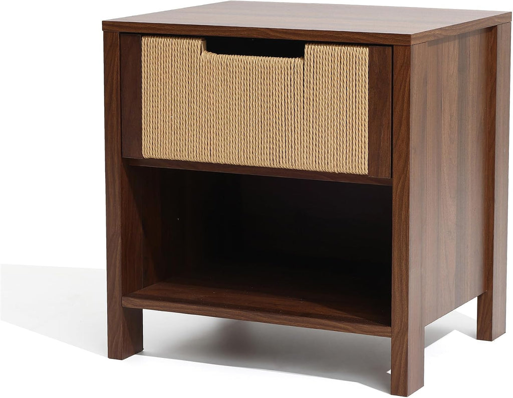 LuxenHome Nightstand with Drawer Storage, 19" Wood End Tables with Rope Front, Boho Bedside Table for Bedroom Living Room Small Sofa Couch Table for Small Space Home Office