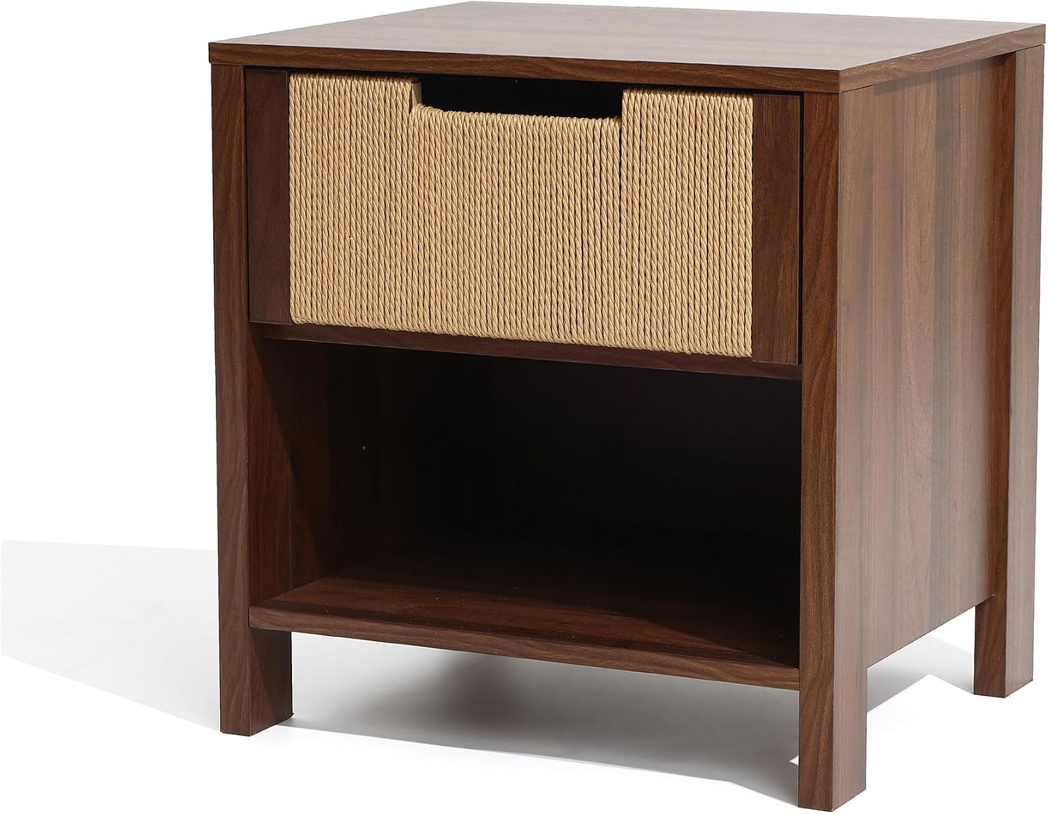 LuxenHome Nightstand with Drawer Storage, 19" Wood End Tables with Rope Front, Boho Bedside Table for Bedroom Living Room Small Sofa Couch Table for Small Space Home Office