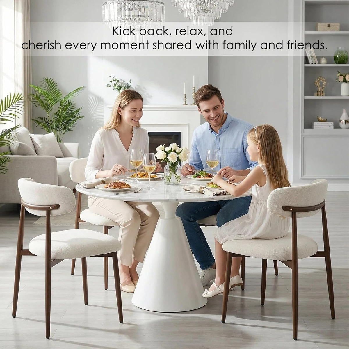 Furniliving Mid Century Modern Dining Chairs Set of 4, 300 lbs Capacity Upholstered Linen Kitchen Chairs with Walnut Grain Metal Legs and Ergonomic Curved Back, Beige
