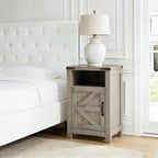 Farmhouse Nightstand Set of 2, Bedside Table with Charging Station, Night Stand with Barn Door, Grey End Table Sofa Side, Nightstand Storage for Bedroom Living Room, Grey