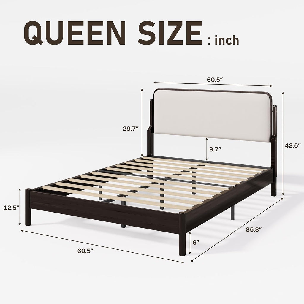 Lifezone Queen Bed Frame with Upholstered Headboard, Solid Wood Bed Frame Queen Size with Ergonomic Design Headboard, Wood Slats Support, Noise-Free, Easy Assembly,No Box Spring Needed, Walnut