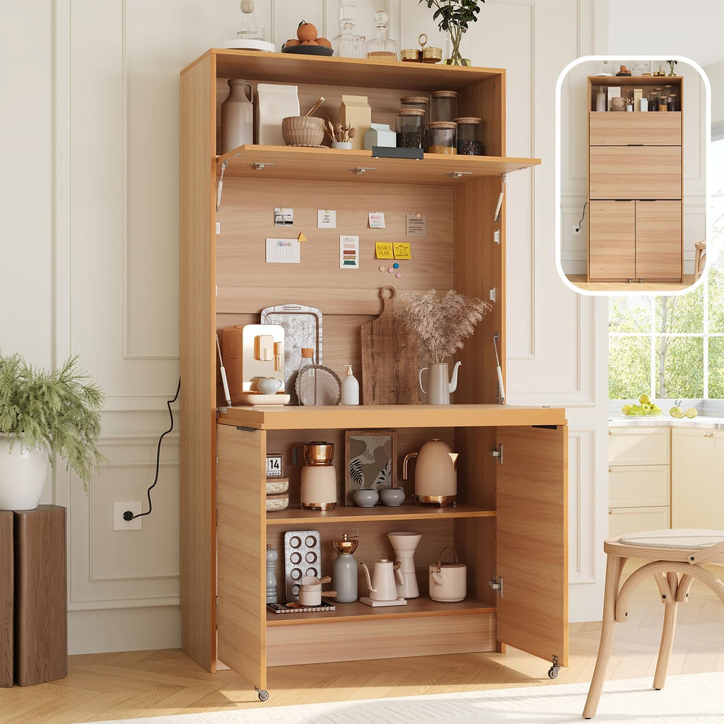 69'' Tall Kitchen Pantry Cabinet with Foldable Workstation, Kitchen Food Pantry Hutch with Adjustable Shelf, Folding Secretary Desk with Storage Hutch for Living Room, Dining Room (Natural)