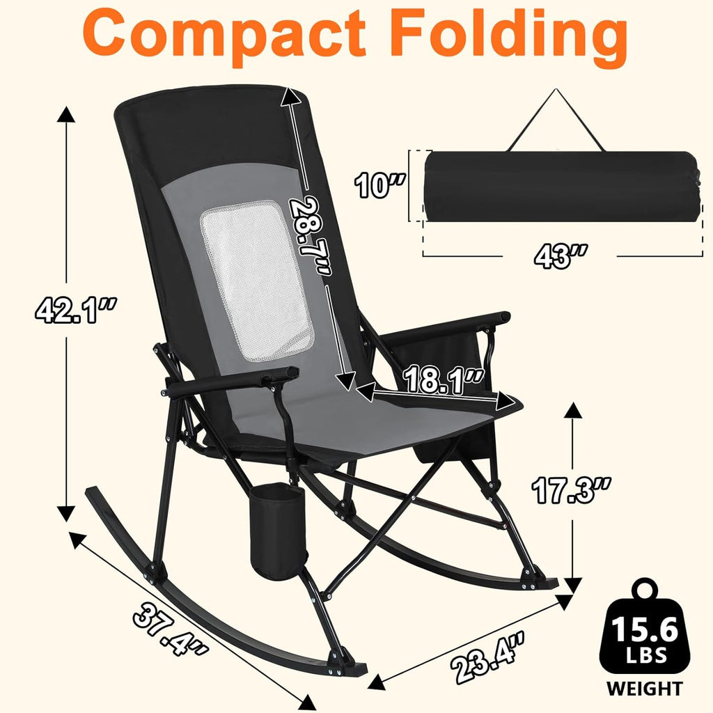 Romswi 2 Pack Rocking Camping Chair for Adult 400LBS Capacity, Heavy Duty Folding Rocking Chairs, Portable Outdoor Rocker with High Back & Hard Armrests for Camping, Beach, Patio, Backyard, Mesh Black