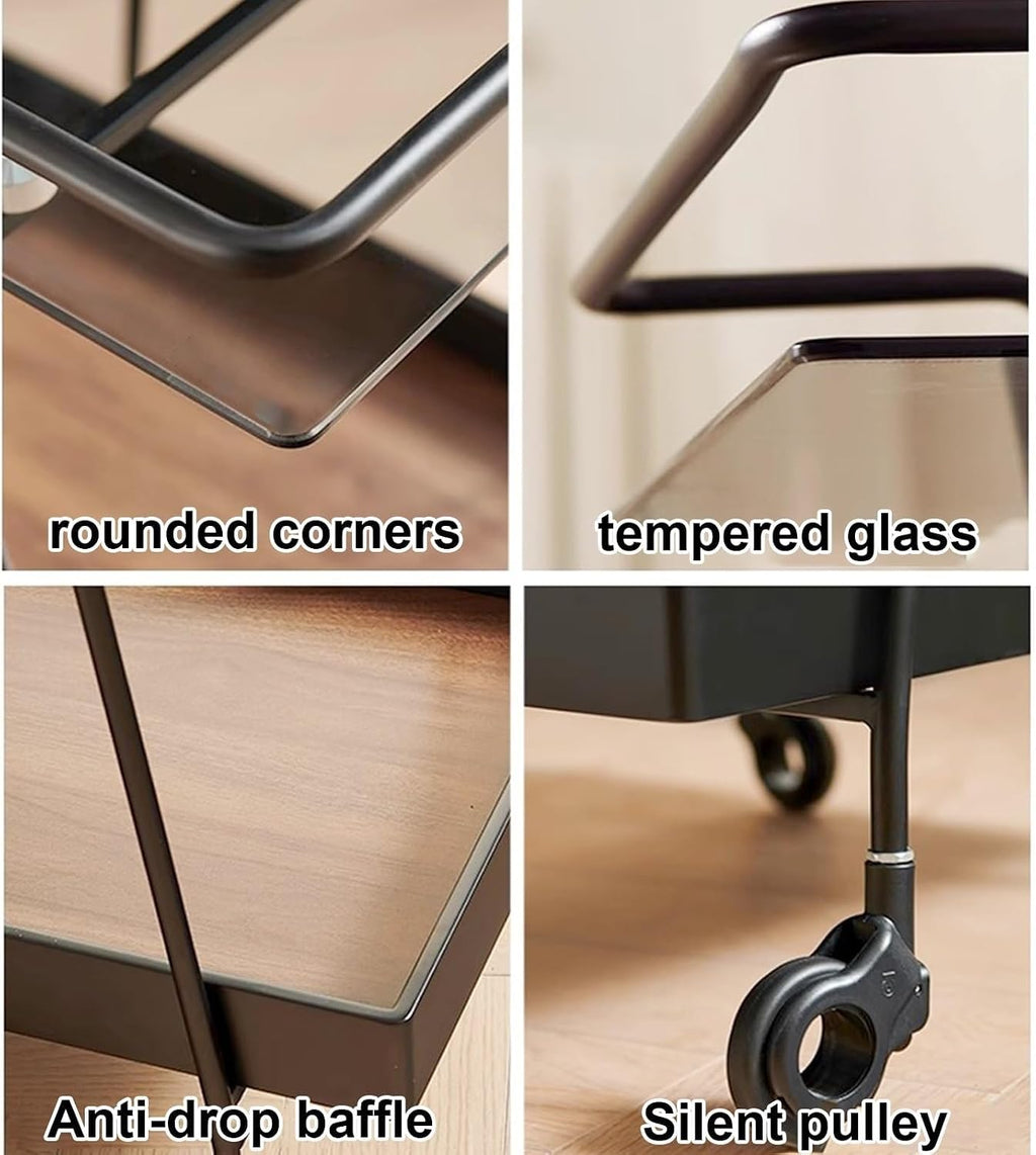 2 Tier Side Table with Wheels End Tables with Storage Shelf Storage Cart with Glass Top Small Coffee Table for Home Solid Construction