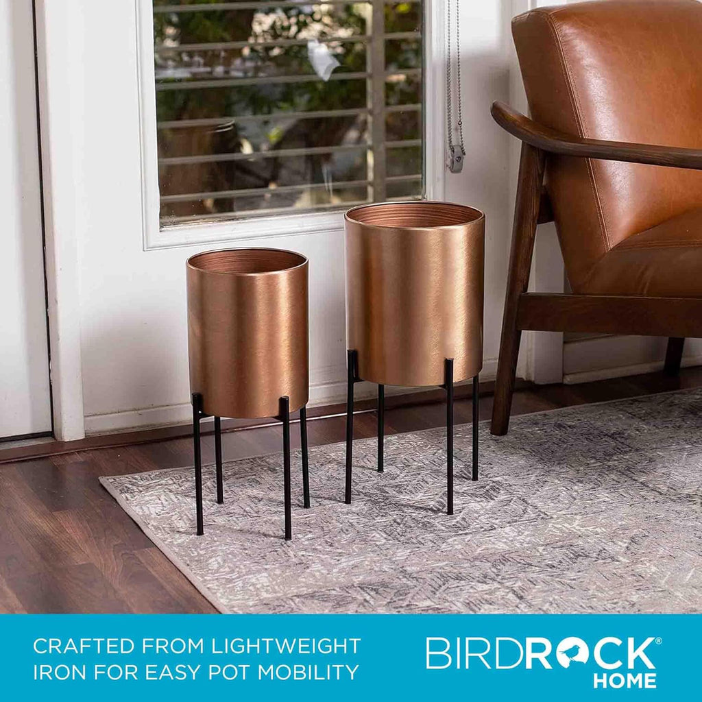 BIRDROCK HOME 2pc Modern Planter with Stand - Elevated Plant Holder for Indoor/Outdoor Use - Sturdy Black Floor Standing Pot Stand for Houseplants, Trees, and Flowers - Small Large - Bronze