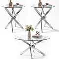 Round Glass Coffee Table Set 3-Piece, Silver Stainless Steel Frame | 35.4" Coffee Table + Two 23.6" End Tables Space-Saving Set for Living Room, Office, Reception