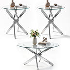 Round Glass Coffee Table Set 3-Piece, Silver Stainless Steel Frame | 35.4" Coffee Table + Two 23.6" End Tables Space-Saving Set for Living Room, Office, Reception