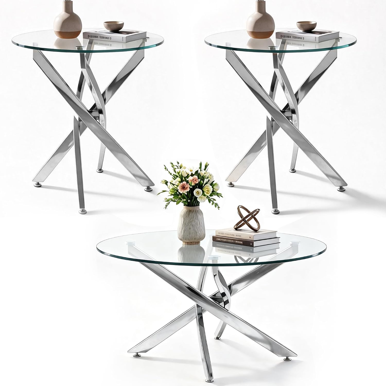 Round Glass Coffee Table Set 3-Piece, Silver Stainless Steel Frame | 35.4" Coffee Table + Two 23.6" End Tables Space-Saving Set for Living Room, Office, Reception