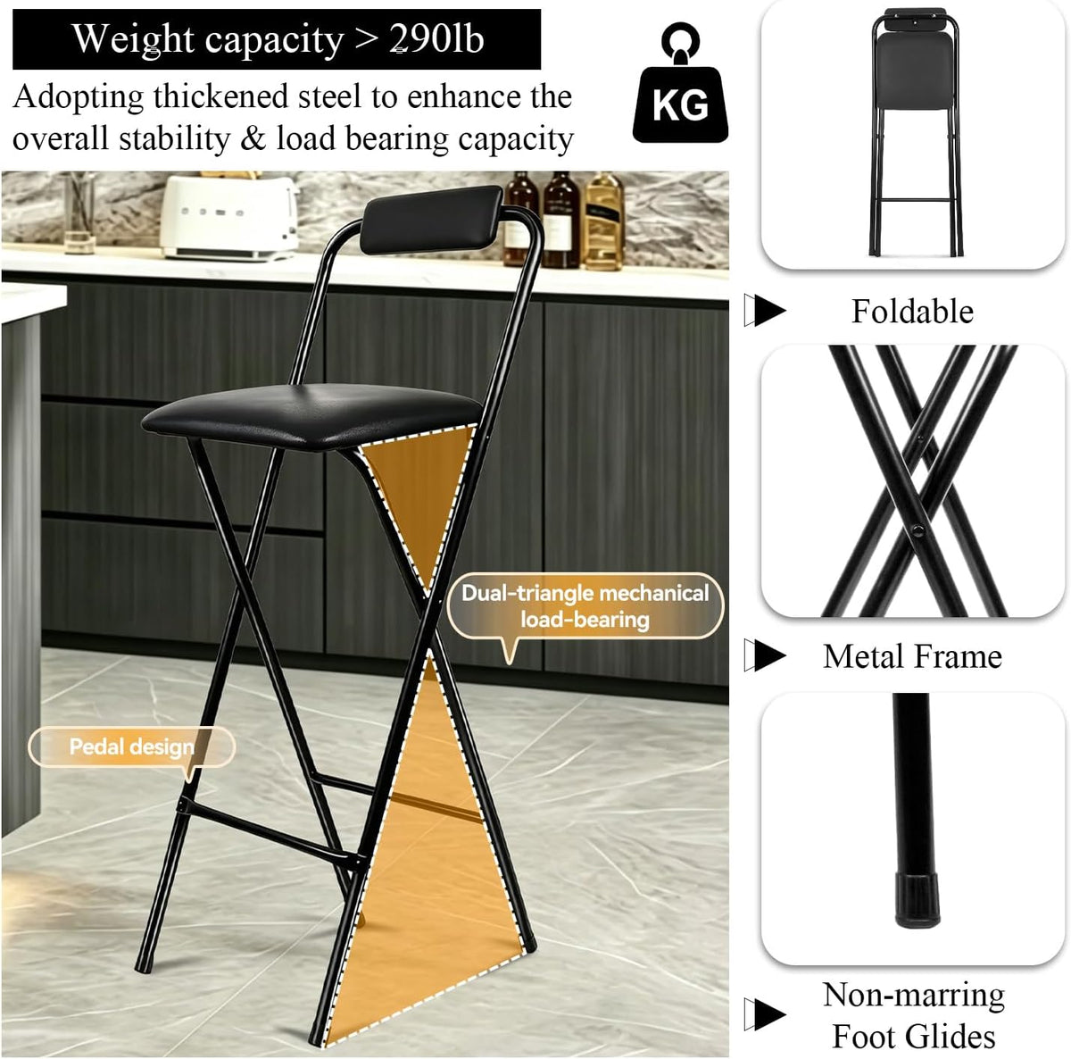 Folding Stool with Back,1Pcs Tall Foldable Stool 29.5 Inch | Portable High Chairs Bar Stools Adult Leather Padded Comfortable and Sturdy for Kitchen Counter Bar Table Island Shop