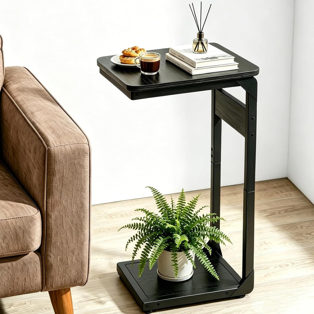 Wood Pedestal Small Sofa Side Table for Couch C Shaped End Table TV Trays Eating, Coffee Drink Dinner Food TV Tray Tables Slide Under Couch Night Stand Over Bedroom Bedside Living Room Black ET-YB-BK1
