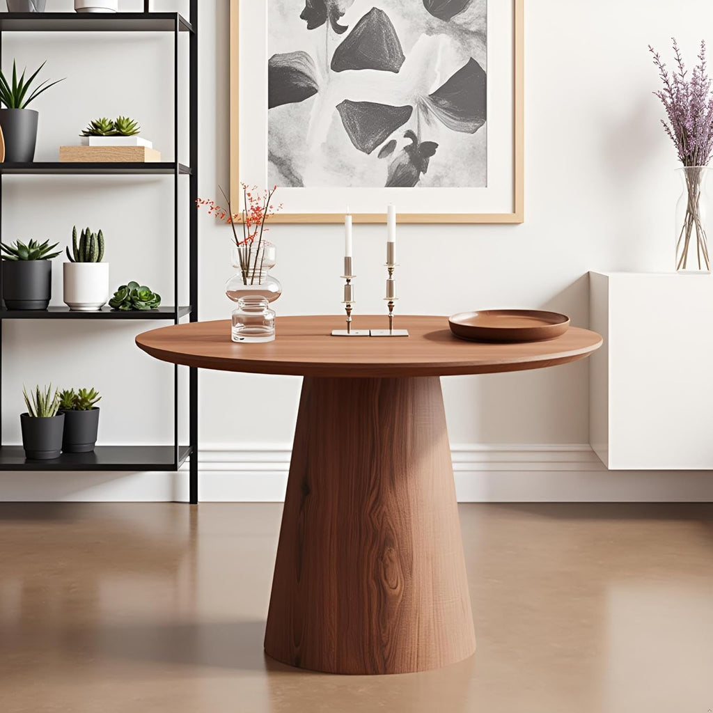 JUSTONE 43.3" Round Dining Table for 4-6,Wood Farmhouse Rustic Kitchen Table with Mid-Century Modern Pedestal Base, Natural Finish for Dining Room/Kitchen/Living Room(Walnut)