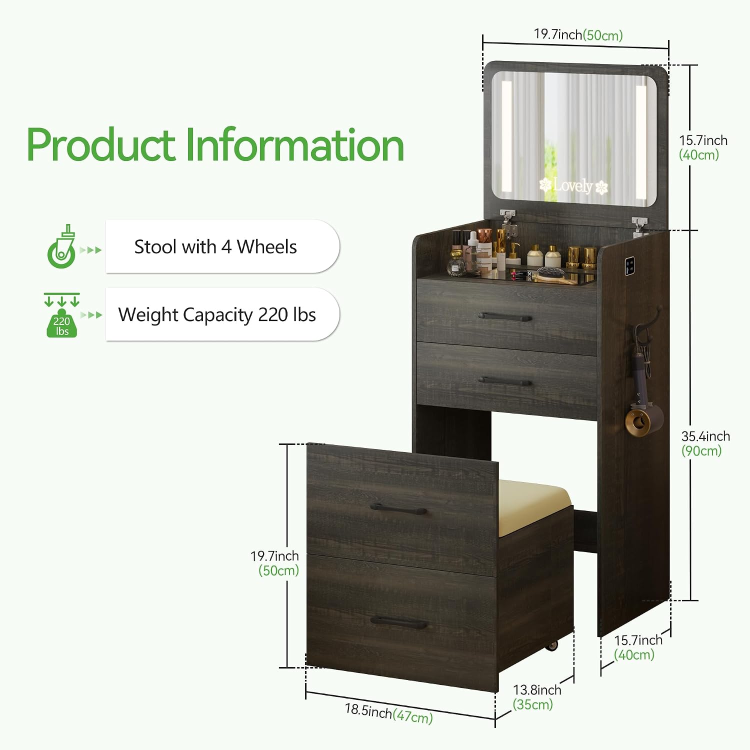 HNEBC 3 in 1 Vanity Desk with Plip Top LED Mirror for Bedroom,Rustic Oaky | Small Dressing Table with Visible Glass Desktop,Compact Vanity with 3 Drawers,Storage Compartment and Padded Stool