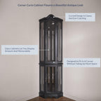 BELLEZE Lighted 3-Side Glass Display Curio Cabinet w/Tempered Glass Doors and Shelves, Curved Wood Corner Cabinet with Bulb, Corner Storage Rack for Living Room and Kitchen (Black)