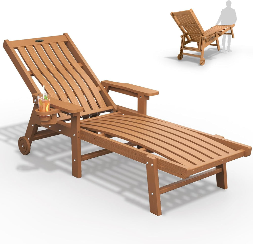 THOEOE Patio Chaise Lounge Chair,HDPE Lounge Chair Outdoor with Wheels | Oversized pool lounge chairs with cup holder, 5 adjustable position for patio,outside,pool,deck