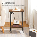 HOOBRO Narrow Side Table, 2-Tier Slim End Table with Charging Station, Skinny Nightstand with Open Storage, for Small Spaces, Living Room, Bedroom, Study, Rustic Brown and Black BF240UBZ01