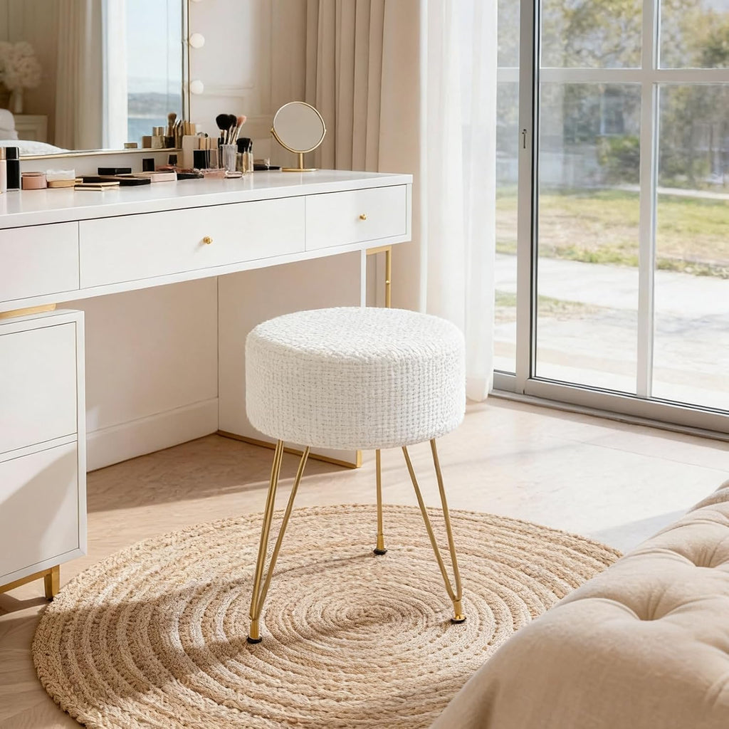 DUMOS Vanity Stool, Velvet Vanity Chair for Makeup Room, Round Ottoman Foot Rest with Gold Metal Legs, Makeup Dressing Table Seat for Bedroom, Living Room, Entryway, Beige