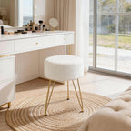 DUMOS Vanity Stool, Velvet Vanity Chair for Makeup Room, Round Ottoman Foot Rest with Gold Metal Legs, Makeup Dressing Table Seat for Bedroom, Living Room, Entryway, Beige