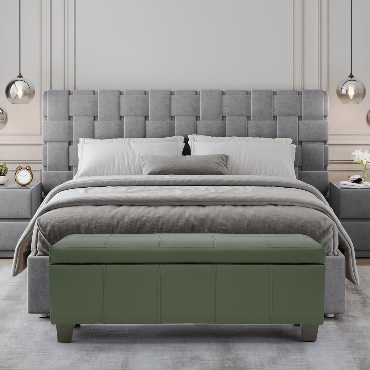 51 Inch Storage Ottoman, Storage Bench with Safety Hinge, Upholstered Synthetic Leather Ottoman Bench for Bedroom, Living Room, Entryway, Hallway, Foot Rest, Support 500lbs