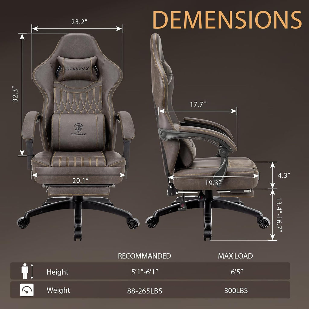 Dowinx Gaming Chair Breathable PU Leather Gamer Chair with Footrest Massage Lumbar Support, Big and Tall Ergonomic Reclining Computer Chair with Pocket Spring Cushion for Adults Teens (Brown)