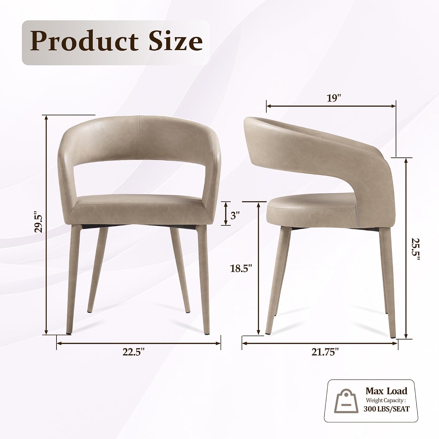 Modern Dining Chairs Set of 2, Kitchen Room Faux Leather Mid Century Chairs with Metal Frame and Hollow Back, Easy Clean Upholstered Barrel Dining Chair for Living Room, Restaurant, and Café, Greige