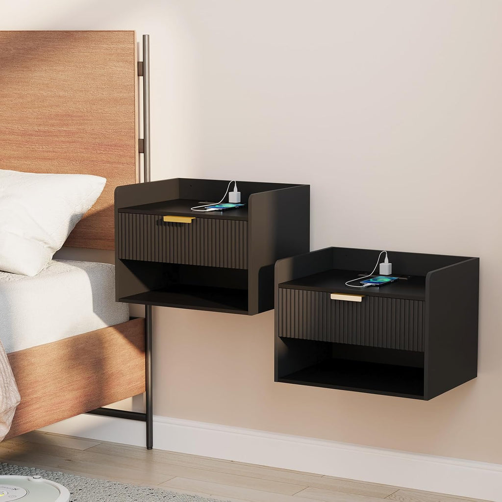 Arbuxzuy Floating Nightstand Set of 2 with Charging Station and Drawer | Modern Black Wall Mounted Bedside Table with Open Shelf, Minimalist Wooden Floating Night Stand for Bedroom Small Spaces