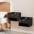 Arbuxzuy Floating Nightstand Set of 2 with Charging Station and Drawer | Modern Black Wall Mounted Bedside Table with Open Shelf, Minimalist Wooden Floating Night Stand for Bedroom Small Spaces