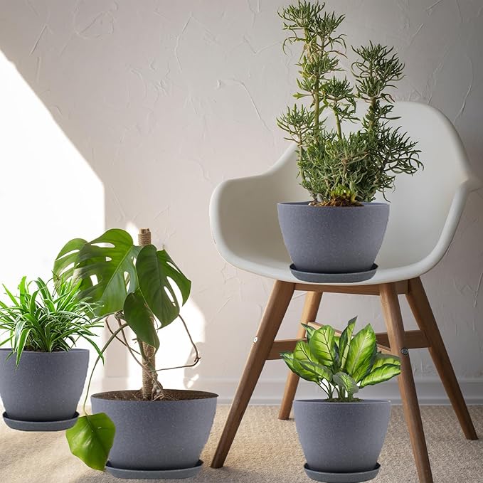 Plant Pots- 8.5/7.5/6.5/6 Inches 4 Pack Plastic Plant Pots,Indoor Decor Flower Pots with Drainage Holes and Tray,Home Decor Planters for Indoor Plants Cactus, Succulents Pot