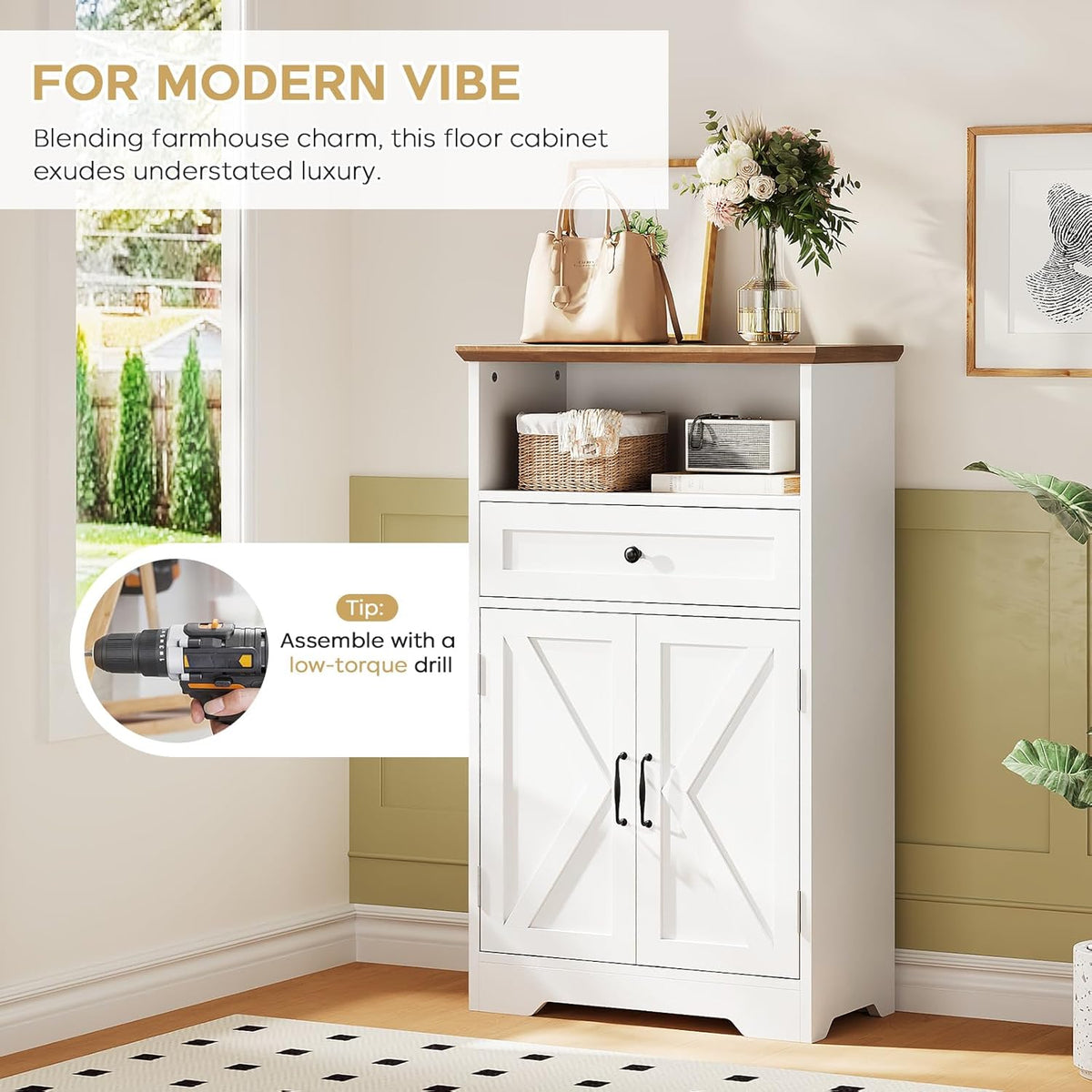 Floor Cabinet, Farmhouse Storage Cabinet with Barn Doors and Drawer, 11.81" D x 23.62" W x 39.37" H White Freestanding Adjustable Shelf Organizer for Bathroom, Kitchen, Living Room
