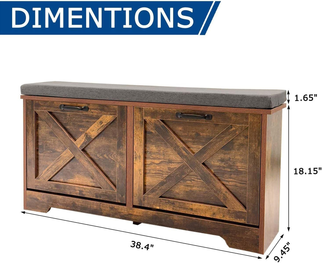 Brown Shoe Storage Bench with 2 Flip Drawers, Entryway Bench with Removable Seat Cushion, 2-Tier Shoe Cabinet for Entryway, Hallway, Bedroom