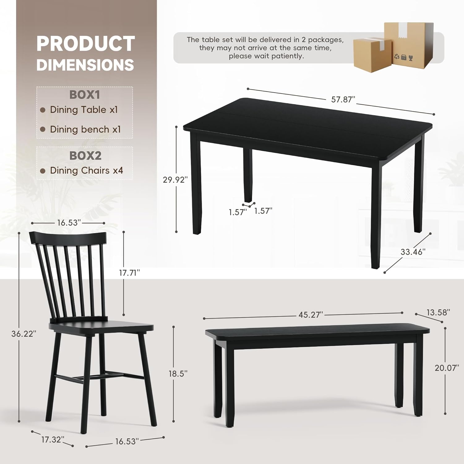 JUMMICO Solid Wood 6 Piece Dining Table Set, Modern 58"/W Kitchen Table Set for 6 with 4 Windsor Chairs & 1 Bench, Kitchen & Dining Room Sets for Kitchen, Restaurant (Black)