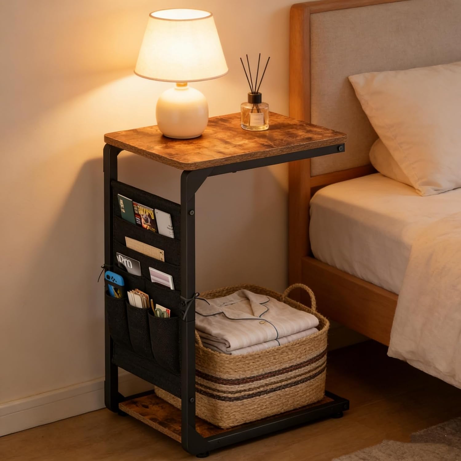Wood Pedestal TV Trays for Eating on Couch Tables that Slide Under, Dinner Food Drink C Shaped End Sofa Side Table Stand, Small TV Tray Tables for Couches Over Recliner Chair Arm, Living Room ET-P-BR1