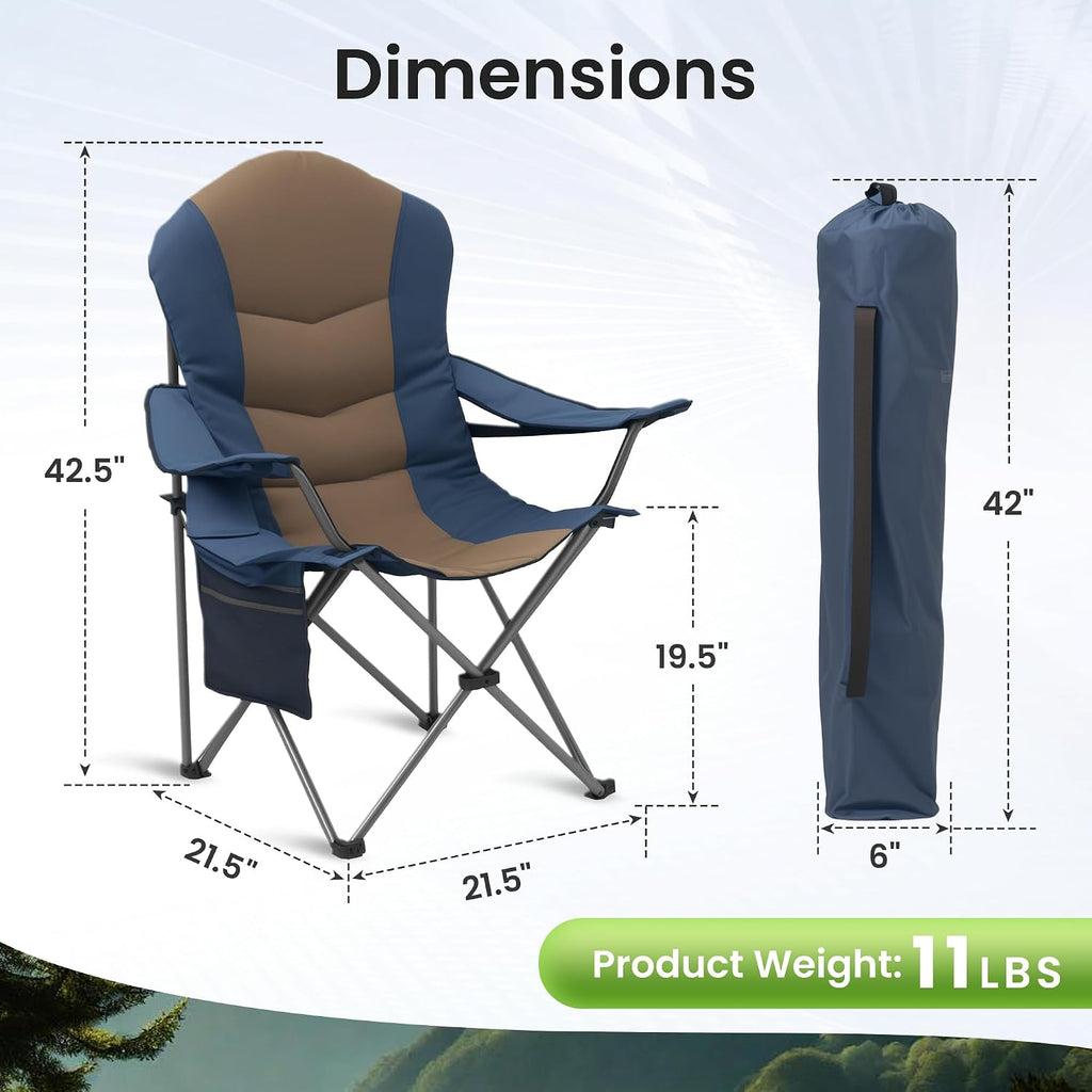 2 Pack Folding Camping Chairs for Adults - High Back Padded Outdoor Lawn Chairs with Lumbar Support & Cup Holder, 400lbs Heavy Duty Portable Camping Chairs Set (Light Blue & Brown, 2 PCS)