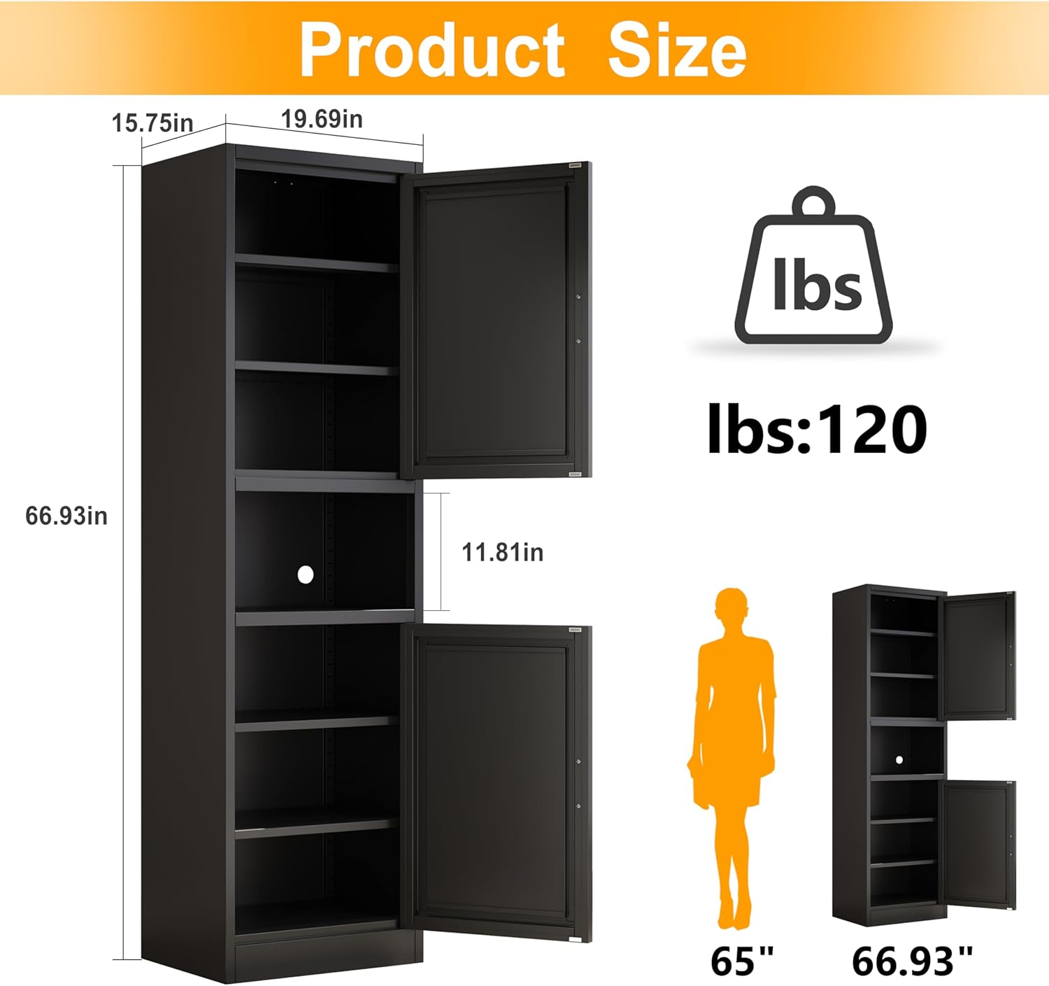 Ckzbx Tall Narrow Storage Cabinet 66.93" H Tall Bathroom Cabinet Metal Pantry Cabinets, 4 Adjustable Shelves for Kitchen, Home Office, Living Room, Dinning Room (20 inches Wide Black)
