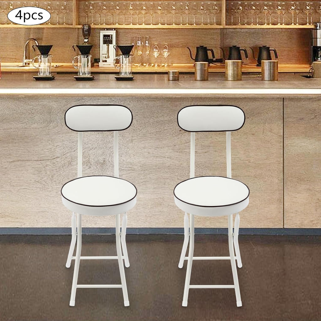 Foldable Chair 4pcs Steel High Portable Folding Indoor Counter Bar Stool Cushioned Padded Stools Seating with Backrest for Kitchen Island Shop Cafe Workshop, Studio- Load 275lbs (White)